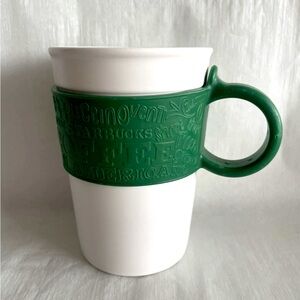 Starbucks 2008 Coffee Tea Ceramic Mug Cup Green Silicone Rubber Handle Band 12oz